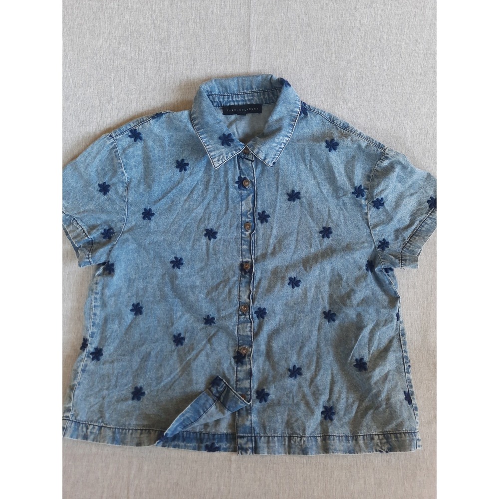 Jane Delancey Women Small Chambray Blouse‎ Embroidered Floral Relax Fit Blue